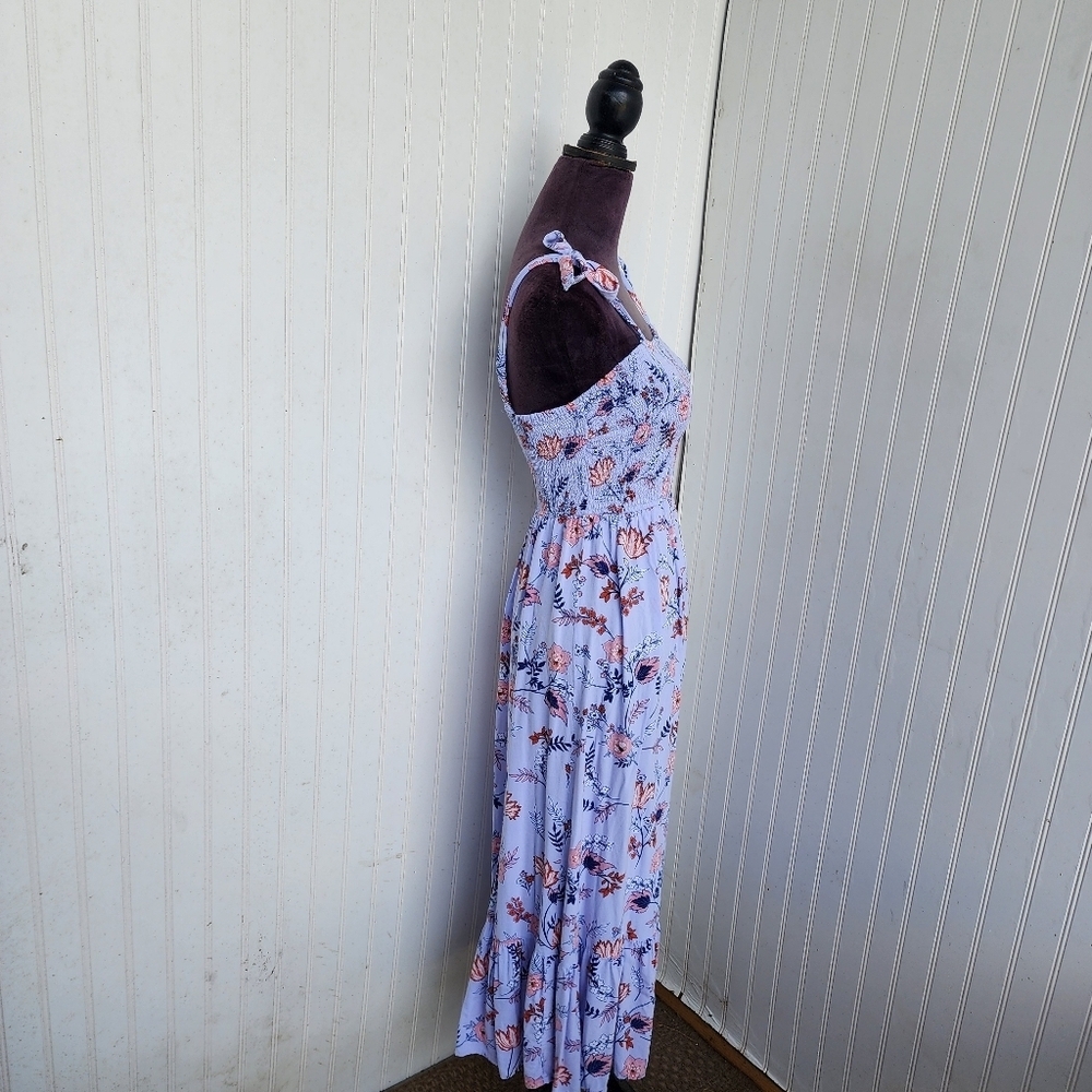 Japna Dress Womens Lilac Blue Floral Long Maxi Smocked Tie Straps Rayon Sz S - Picture 5 of 12